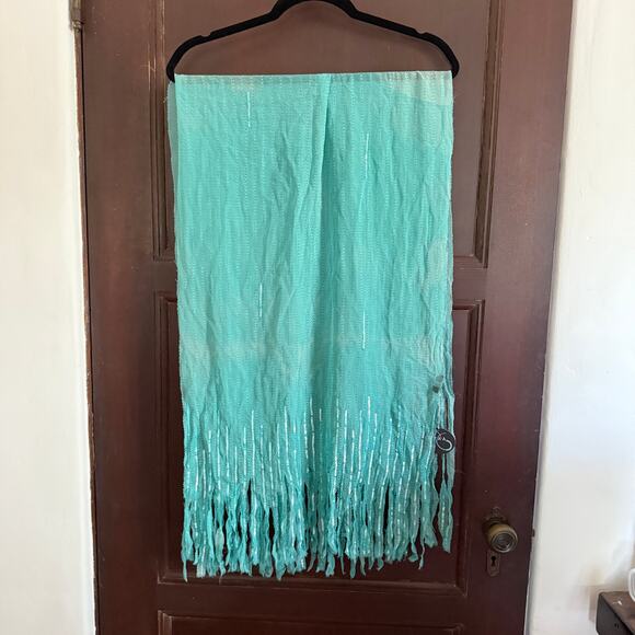 BAYAA | Silk Chiffon Teal Hand Dyed Sequin Fringe Trim Scarf - BNWT - Picture 4 of 7